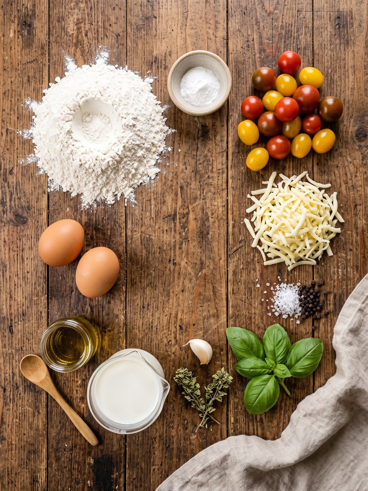 Caprese Quick Bread ingredients with tomatoes, basil, mozzarella, and flour ready for mixing