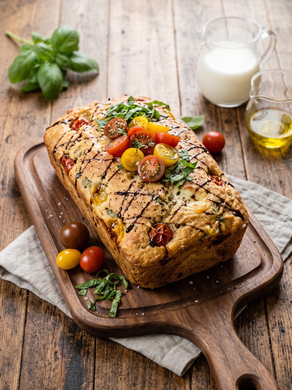 Sliced Caprese Quick Bread served with basil, tomatoes, and a light balsamic drizzle