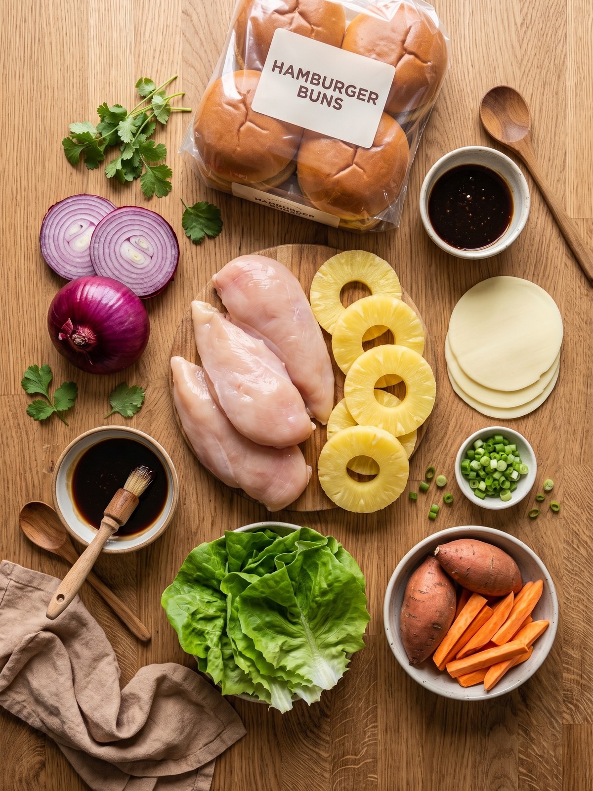 Hawaiian Chicken Sandwiches ingredients with chicken fillets, pineapple rings, Swiss cheese, brioche buns, lettuce, red onion, and teriyaki glaze
