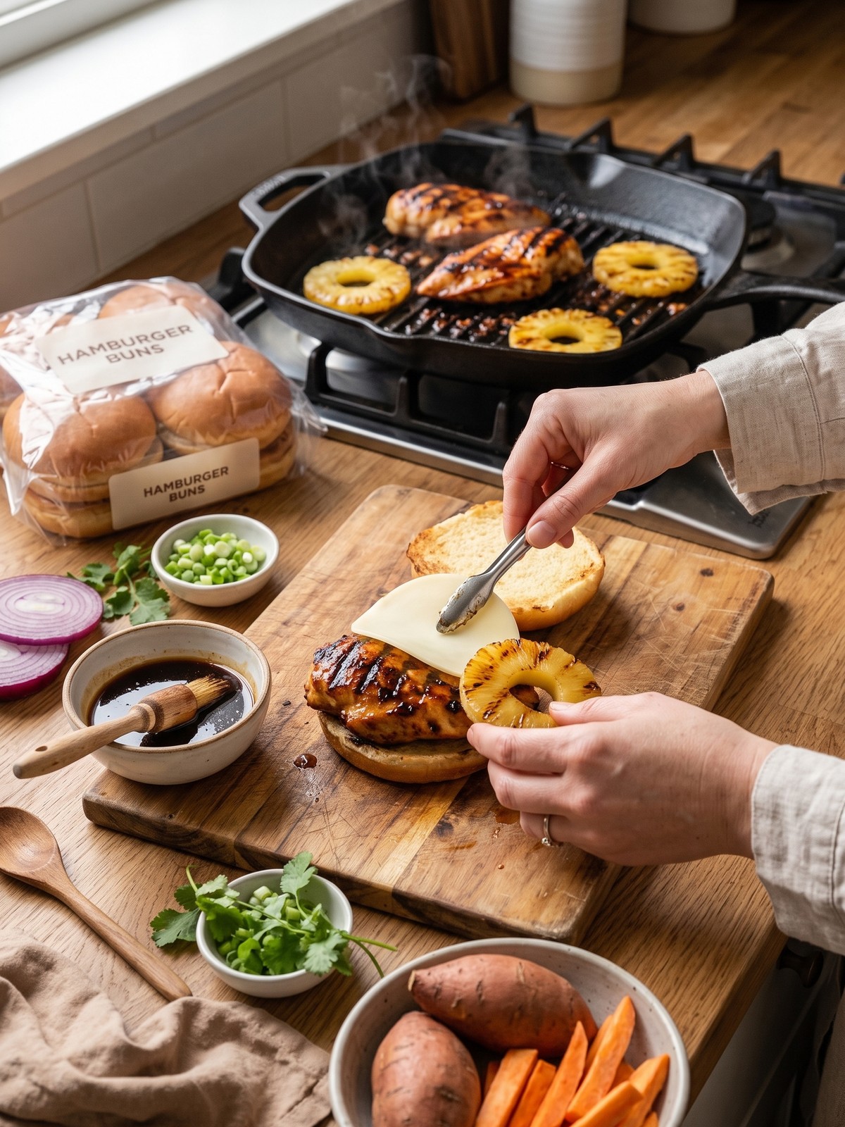 Step-by-step method for Hawaiian Chicken Sandwiches with teriyaki glazed chicken and pineapple cooking on a grill pan