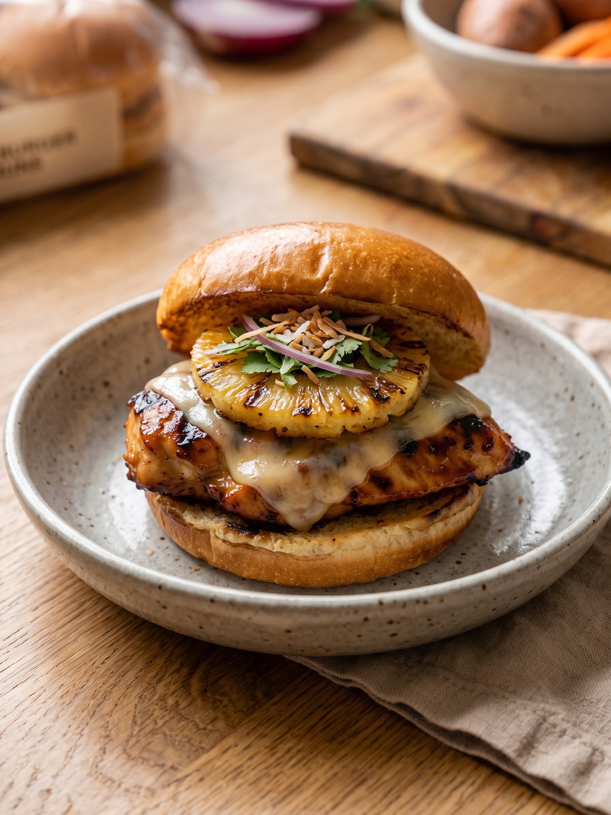 Serving and swap ideas for Hawaiian Chicken Sandwiches with pineapple, red onion, lettuce, and toasted brioche buns