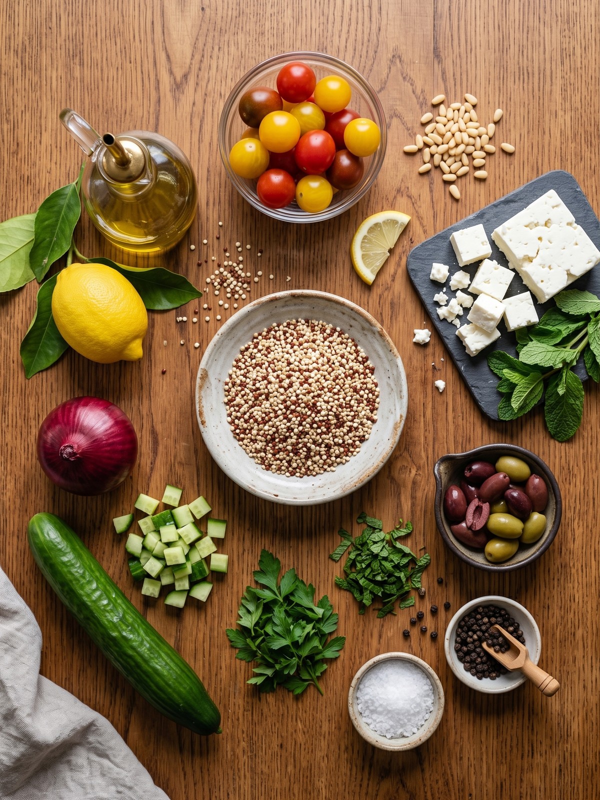 Mediterranean Quinoa Salad ingredients with quinoa, chickpeas, vegetables, olives, and feta