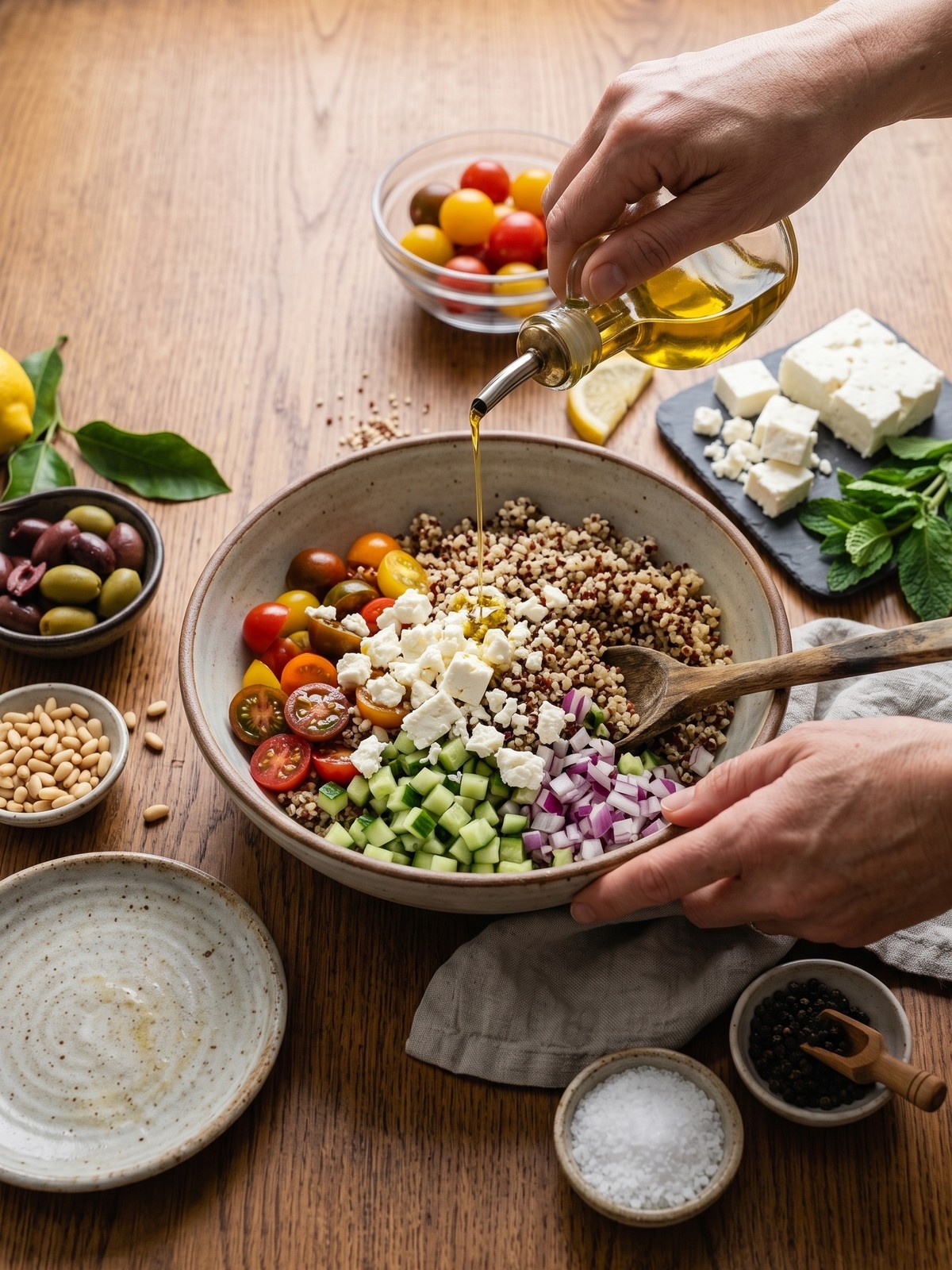 Step-by-step method for Mediterranean Quinoa Salad with quinoa and vegetables tossed in a bowl