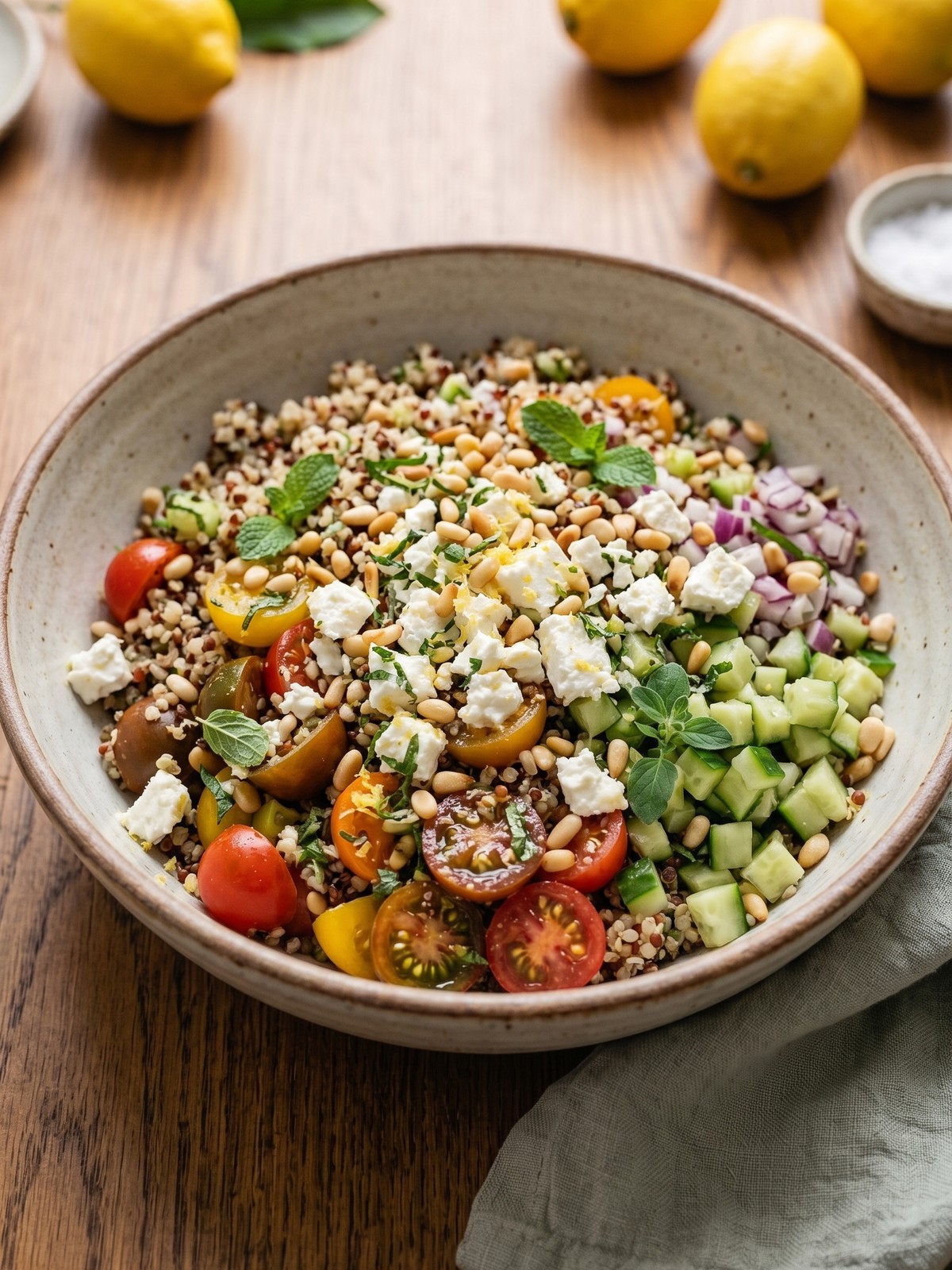 Serving and swap ideas for Mediterranean Quinoa Salad with herbs, feta, and lemon