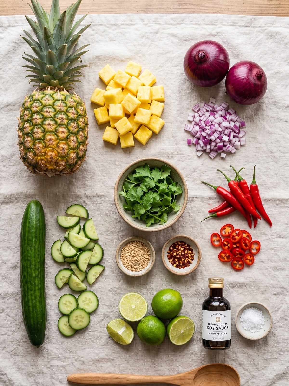 Spicy Pineapple Cucumber Salad ingredients with pineapple cucumber jalapeño and lime