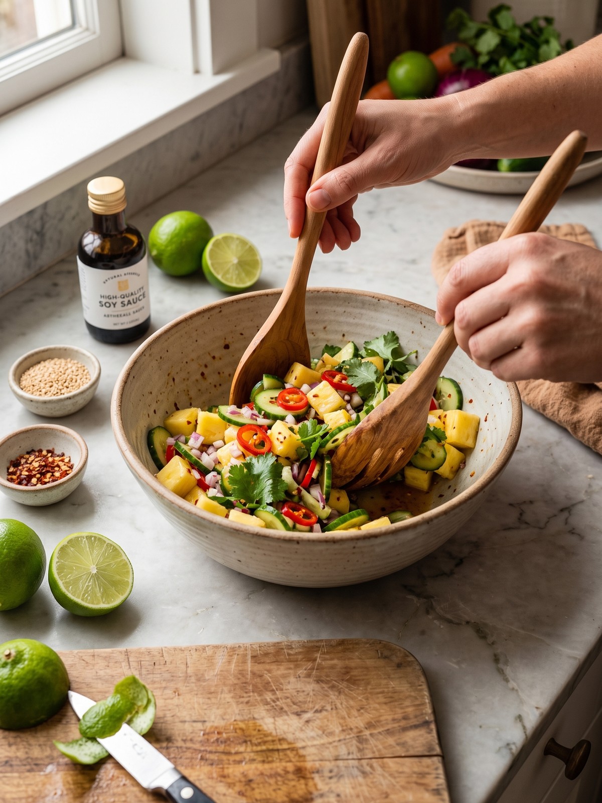 Tossing Spicy Pineapple Cucumber Salad with lime dressing