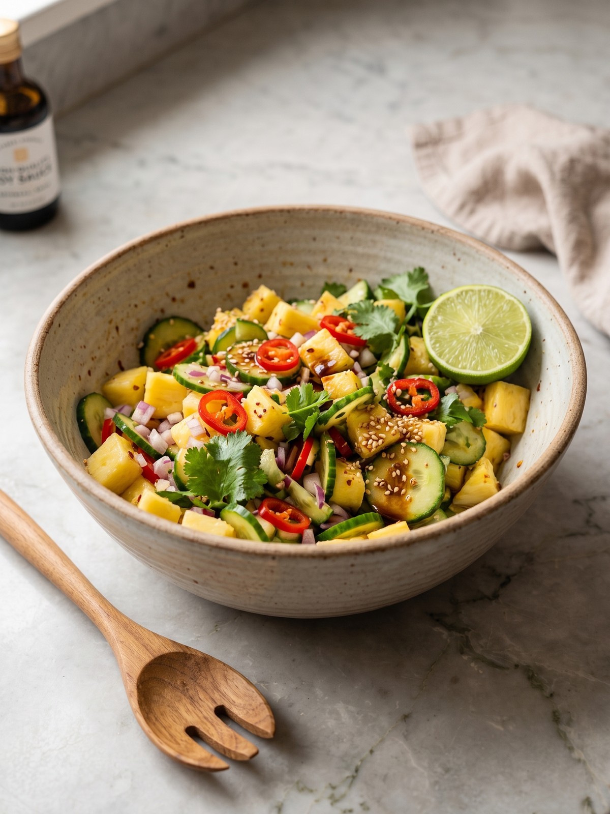 Spicy Pineapple Cucumber Salad served in a bowl with fresh cilantro and chili flakes