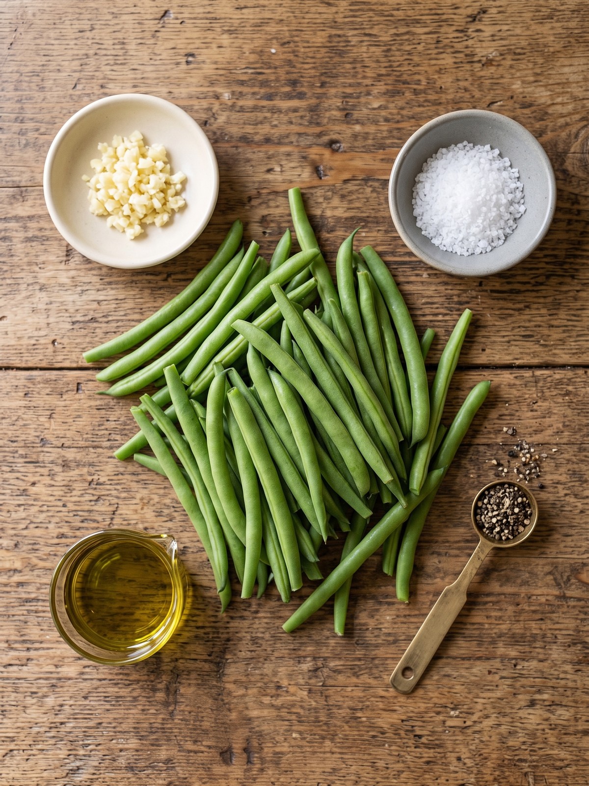 Fresh green beans in a bowl with olive oil and garlic before air frying