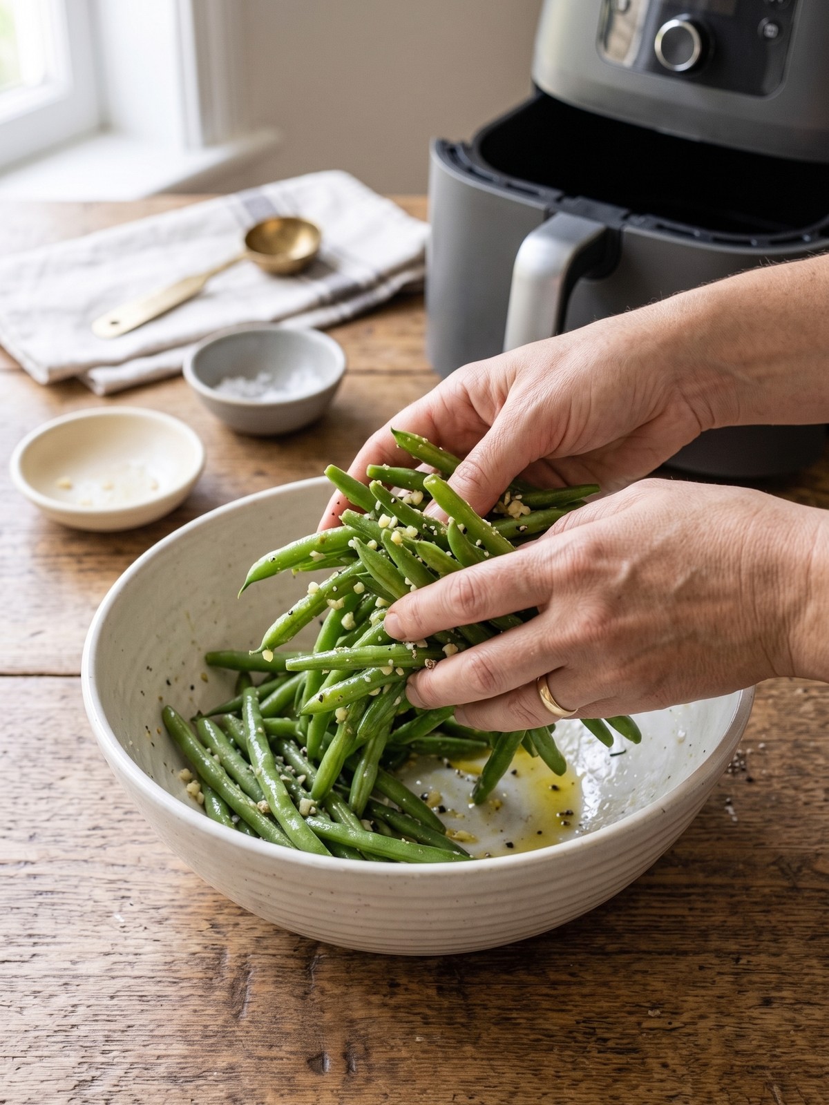 Air fryer basket filled with blistered green beans after cooking