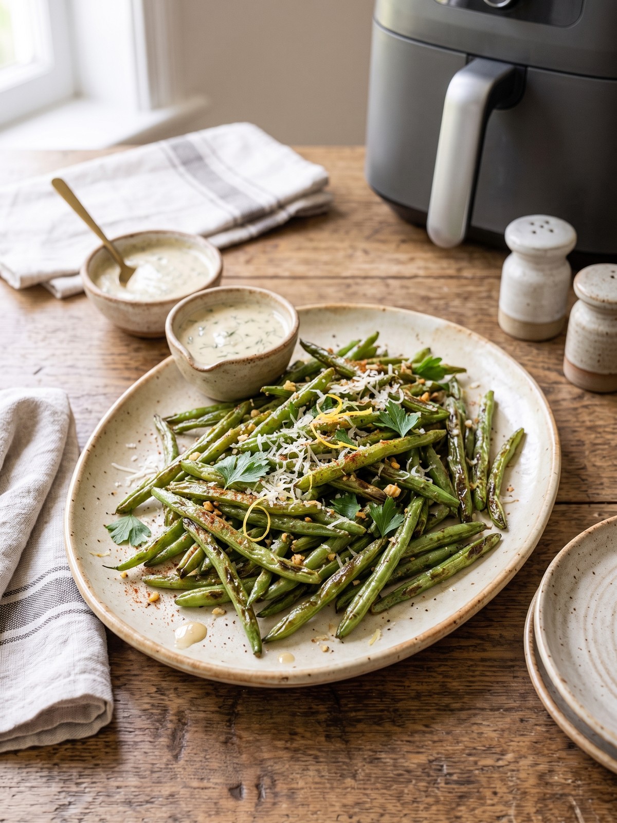 Serving bowl of air fryer green beans garnished with lemon wedges