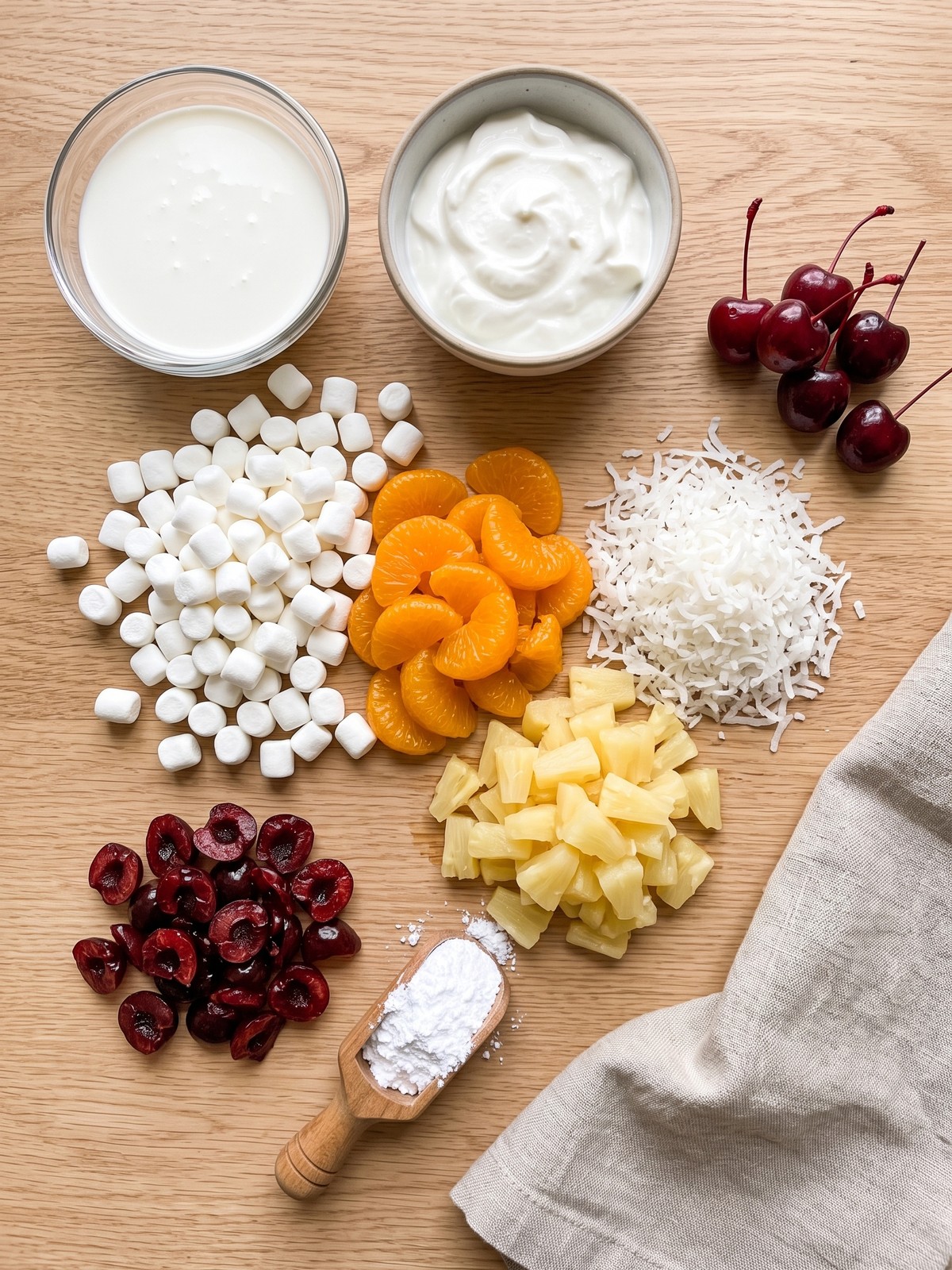 Ambrosia Fruit Salad ingredients with drained fruit, marshmallows, coconut, and chilled cream