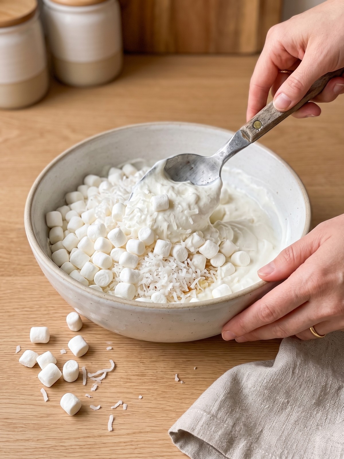How to make Ambrosia Fruit Salad by folding fruit and marshmallows into whipped cream