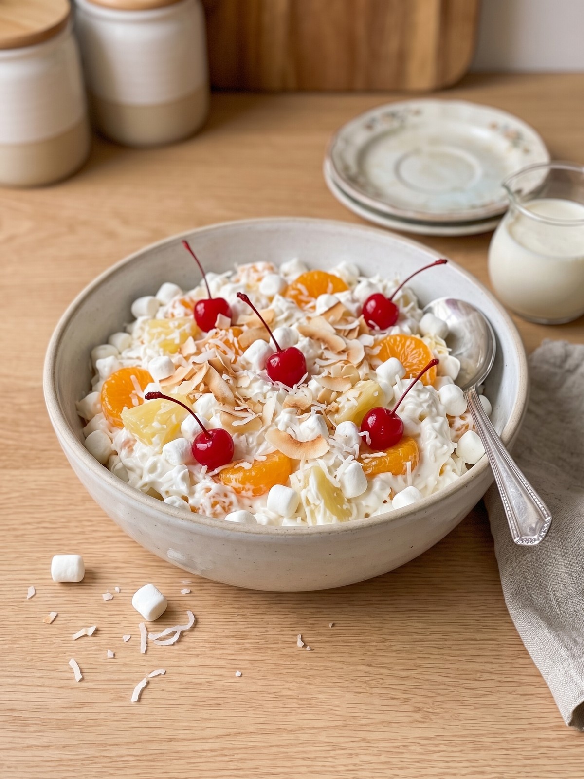 Ambrosia Fruit Salad served with coconut, cherries, and optional pecan variation