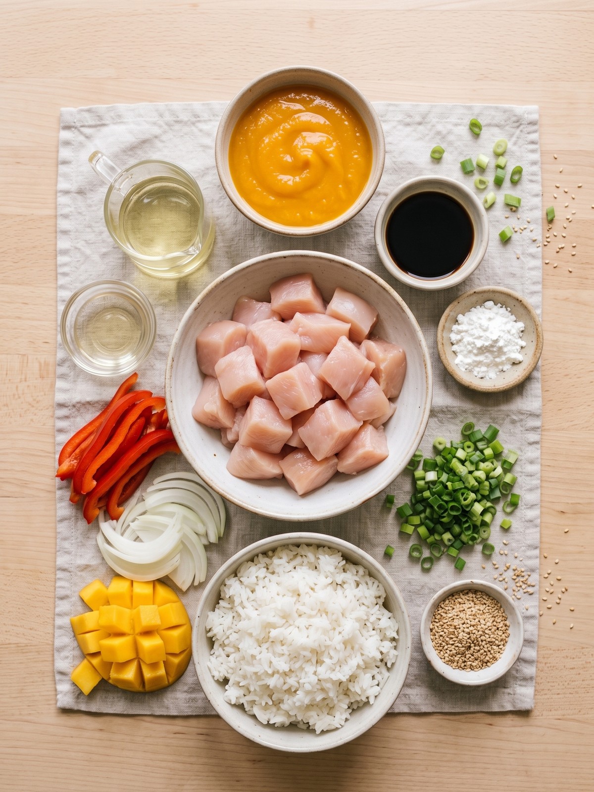 Asian Mango Glazed Chicken ingredients with mango, chicken, peppers, scallions, sesame, and rice prepared for cooking
