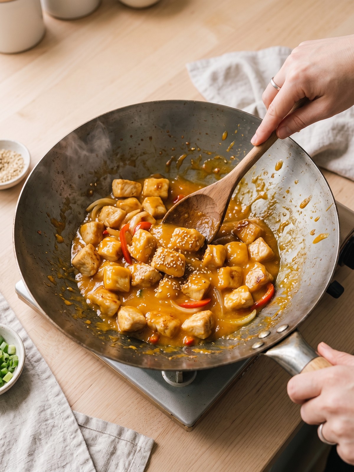 How to make Asian Mango Glazed Chicken with chicken and peppers simmering in glossy mango sauce