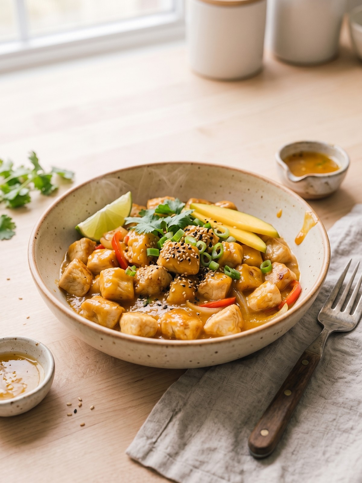 Serving and variation ideas for Asian Mango Glazed Chicken over white rice with sesame and scallions