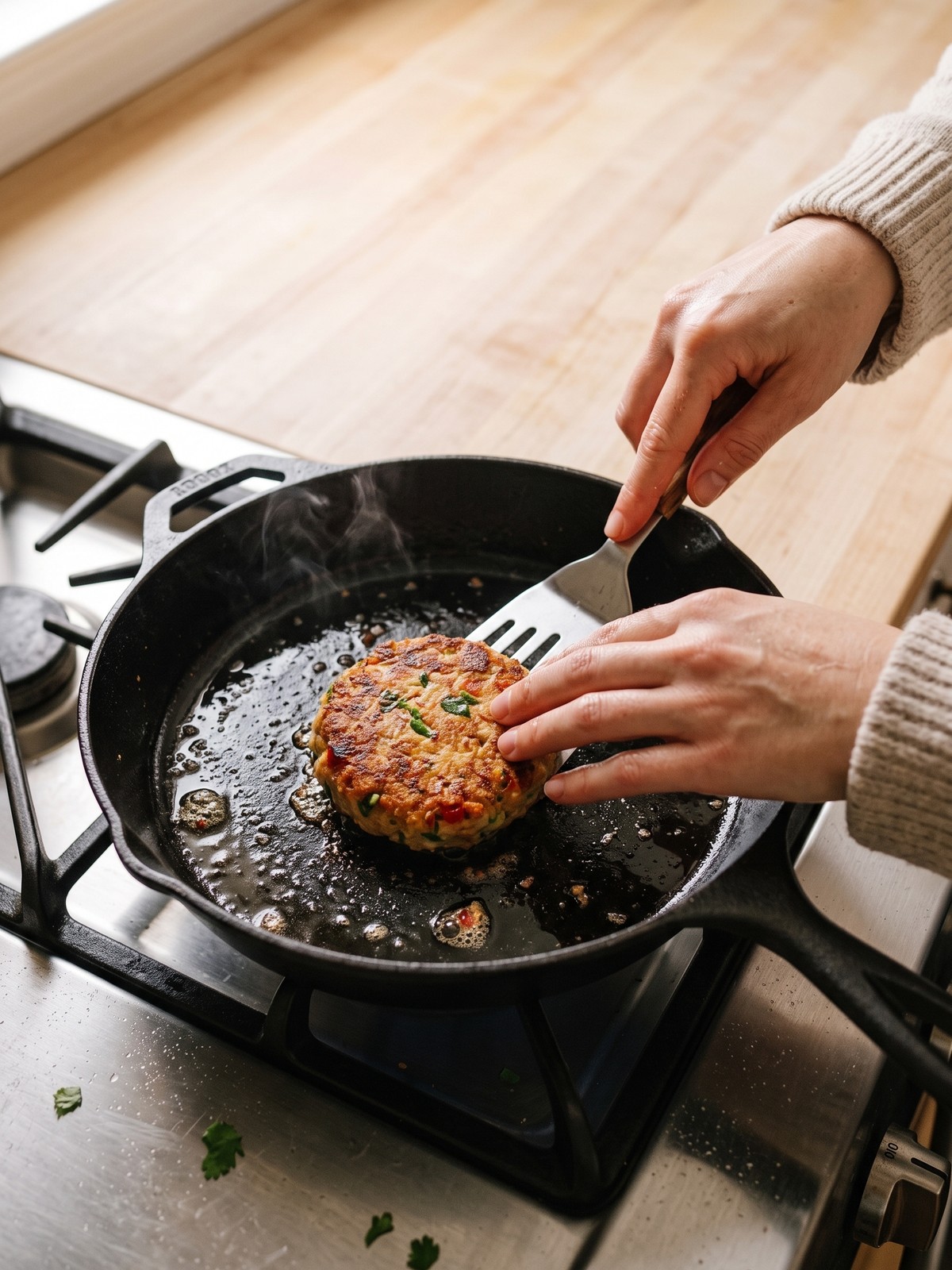 Step-by-step process of shaping and pan-frying Asian tuna cakes in a skillet.