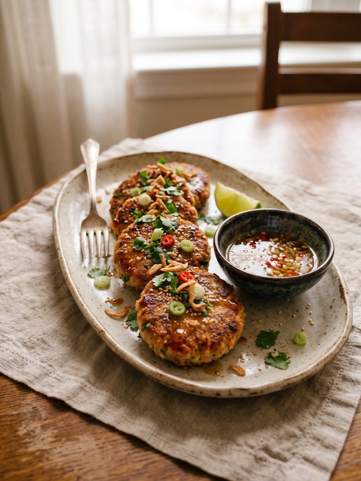 Asian tuna cakes served on a platter with lime wedges and extra sriracha mayo on the side.