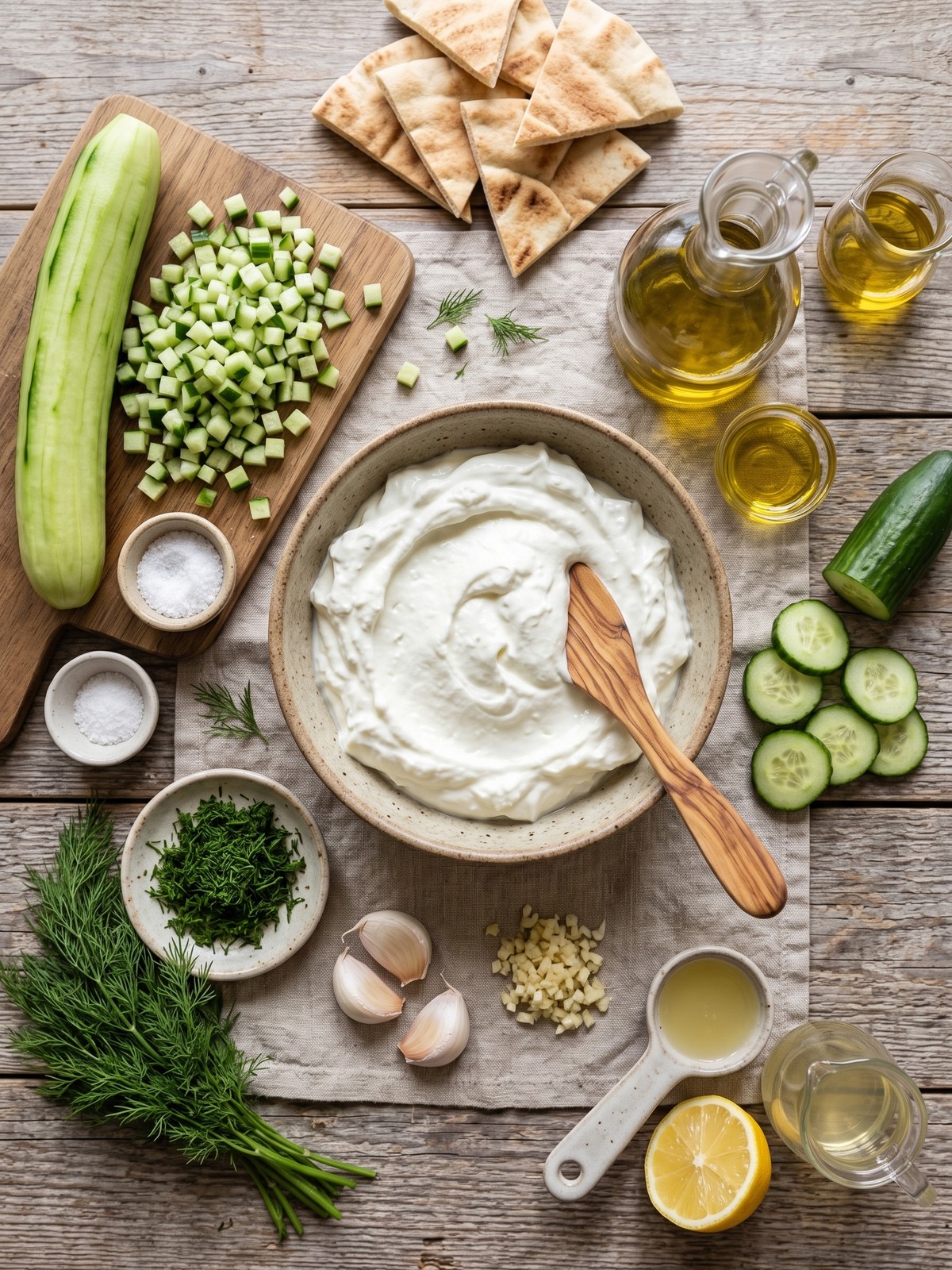 Greek yogurt, diced cucumber, dill, garlic, lemon, olive oil, and pita prepared for Authentic Greek Tzatziki Recipe