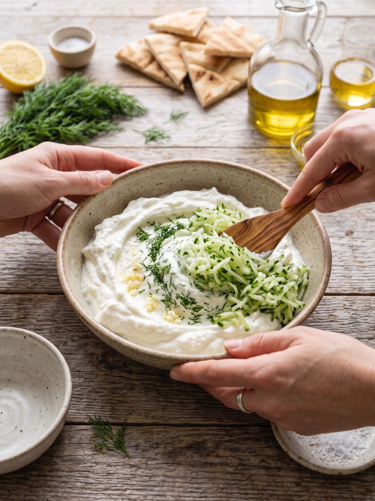 Authentic Greek Tzatziki Recipe being mixed with drained cucumber, dill, garlic, lemon, and thick yogurt