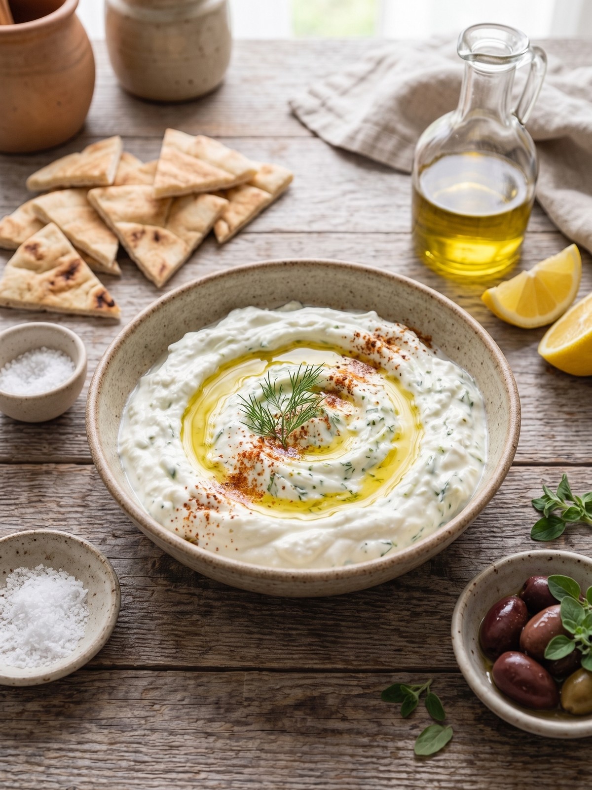 Authentic Greek Tzatziki Recipe served with toasted pita triangles, cucumber rounds, olive oil, and fresh dill