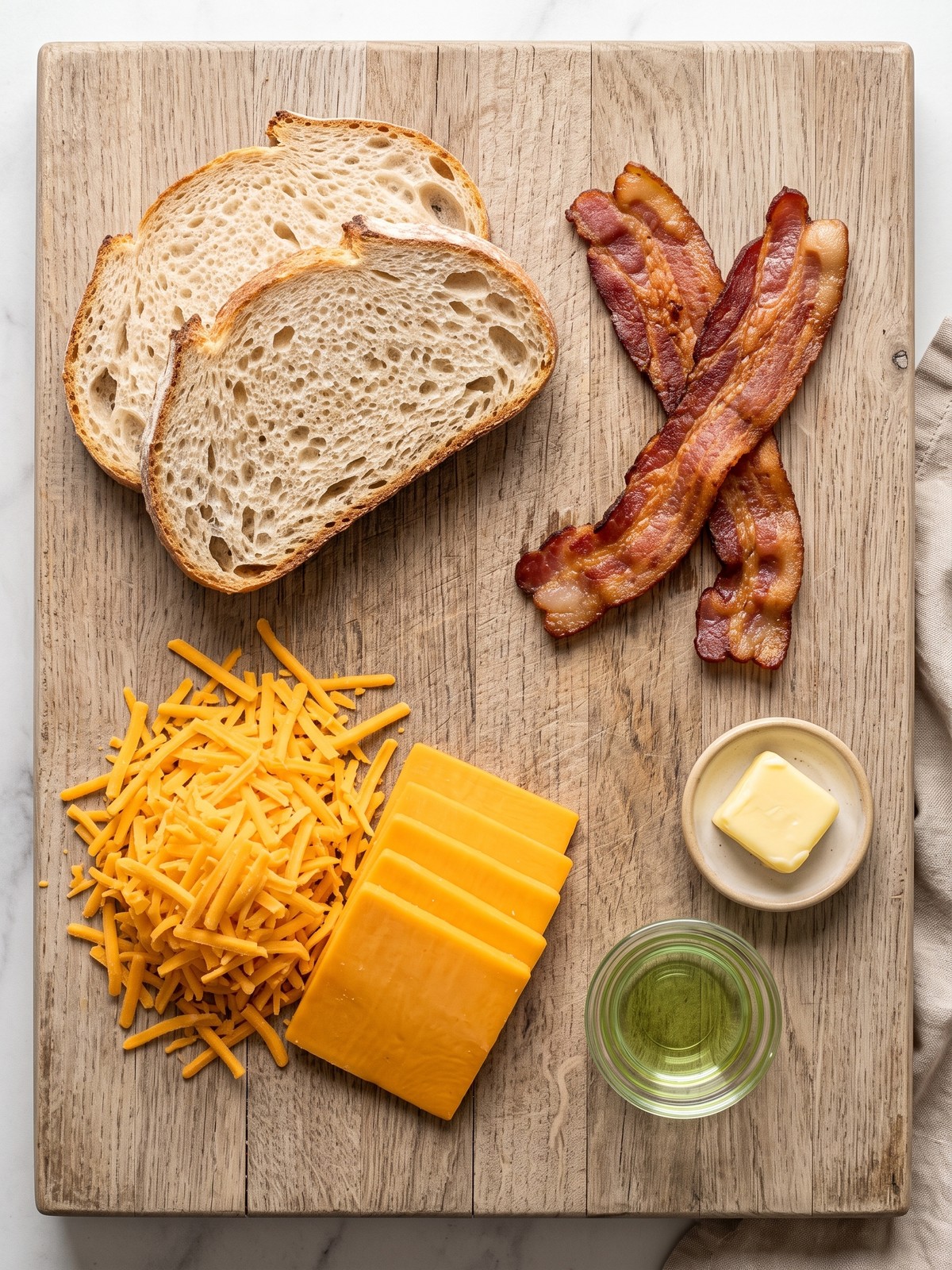 Bacon Grilled Cheese Sandwich ingredients with sourdough, cheddar, crisp bacon, butter, and avocado oil