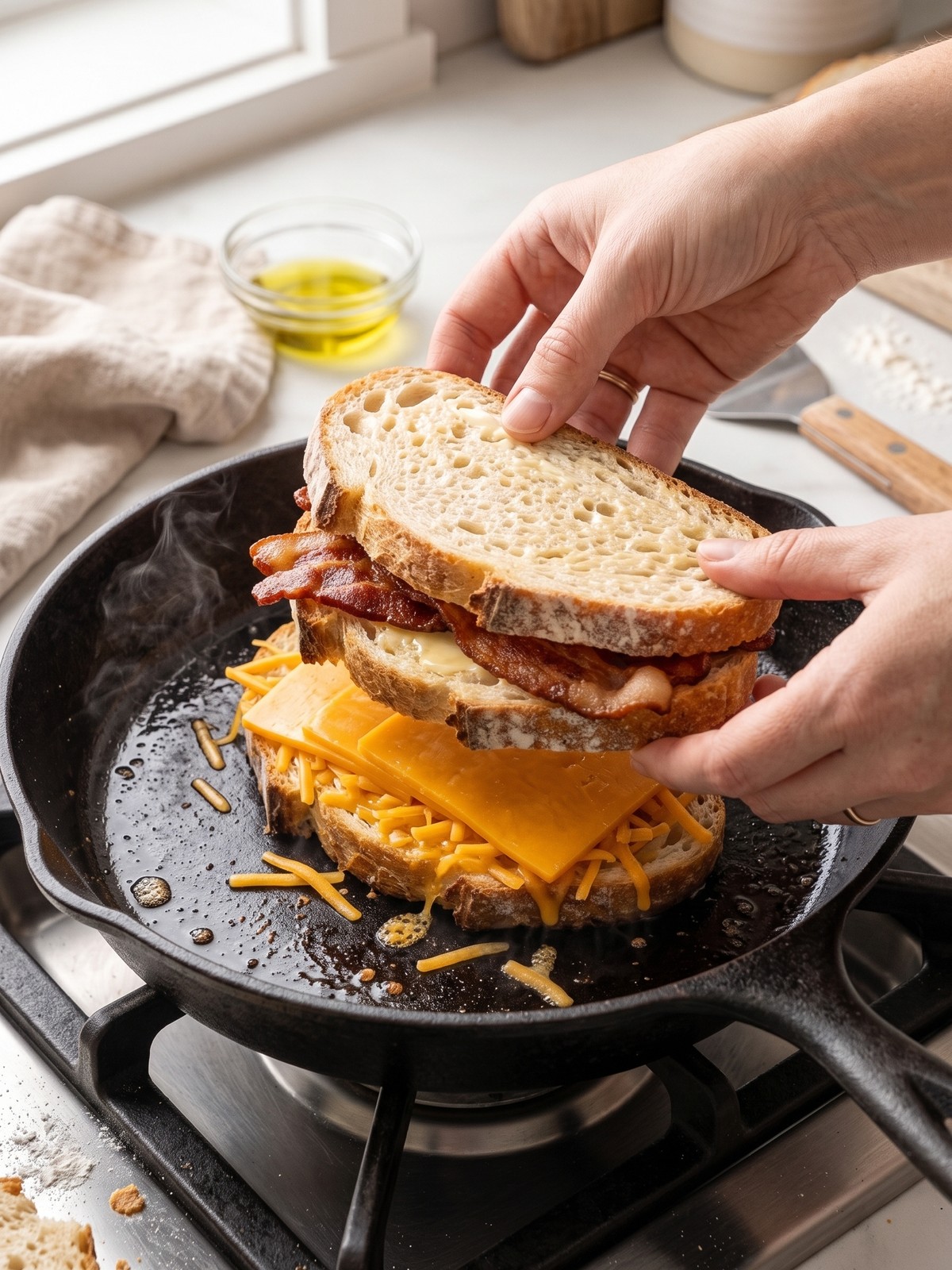 Bacon Grilled Cheese Sandwich cooking in a skillet until the sourdough is golden and the cheddar melts