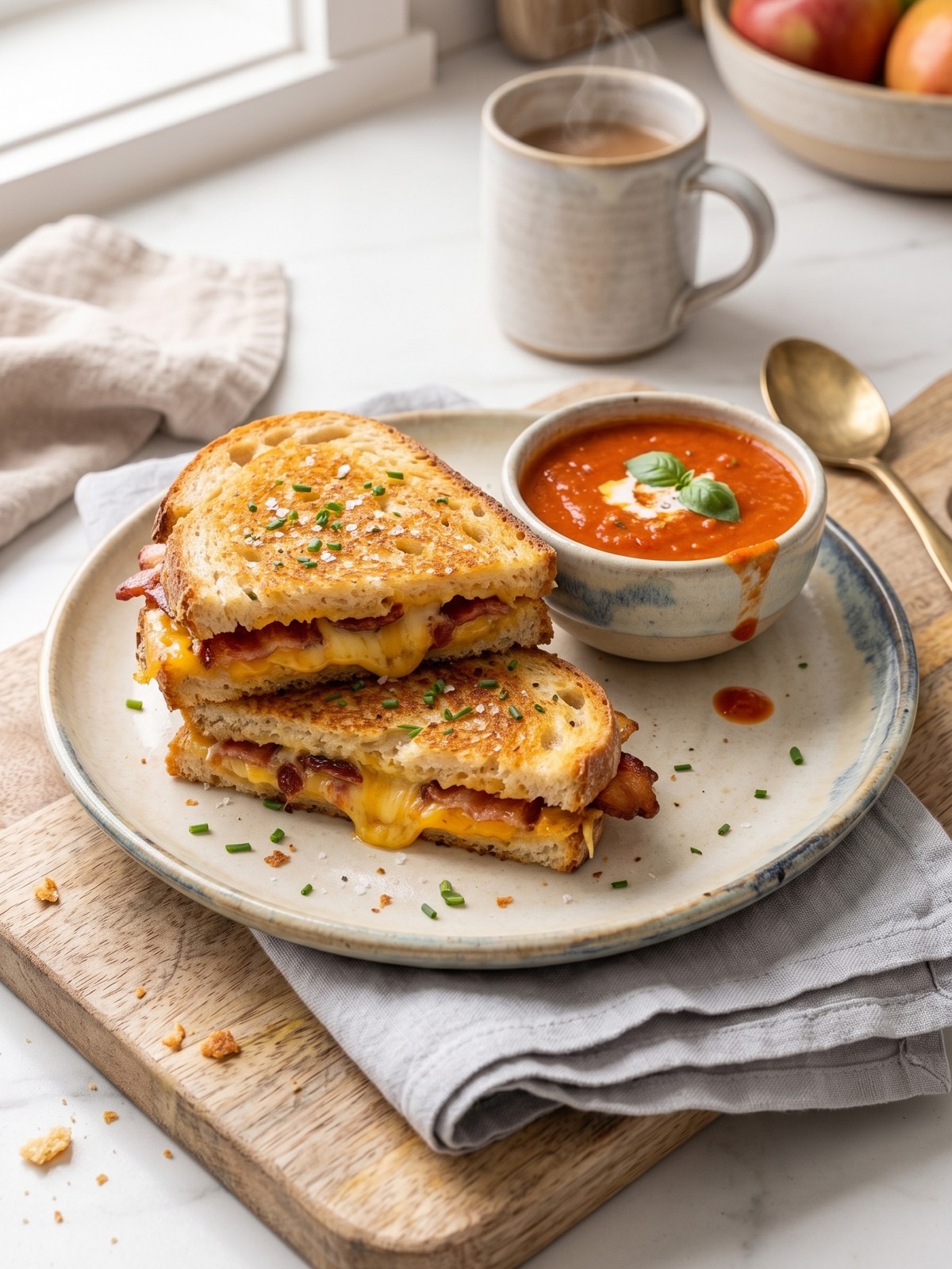 Bacon Grilled Cheese Sandwich sliced in half with serving and variation ideas nearby