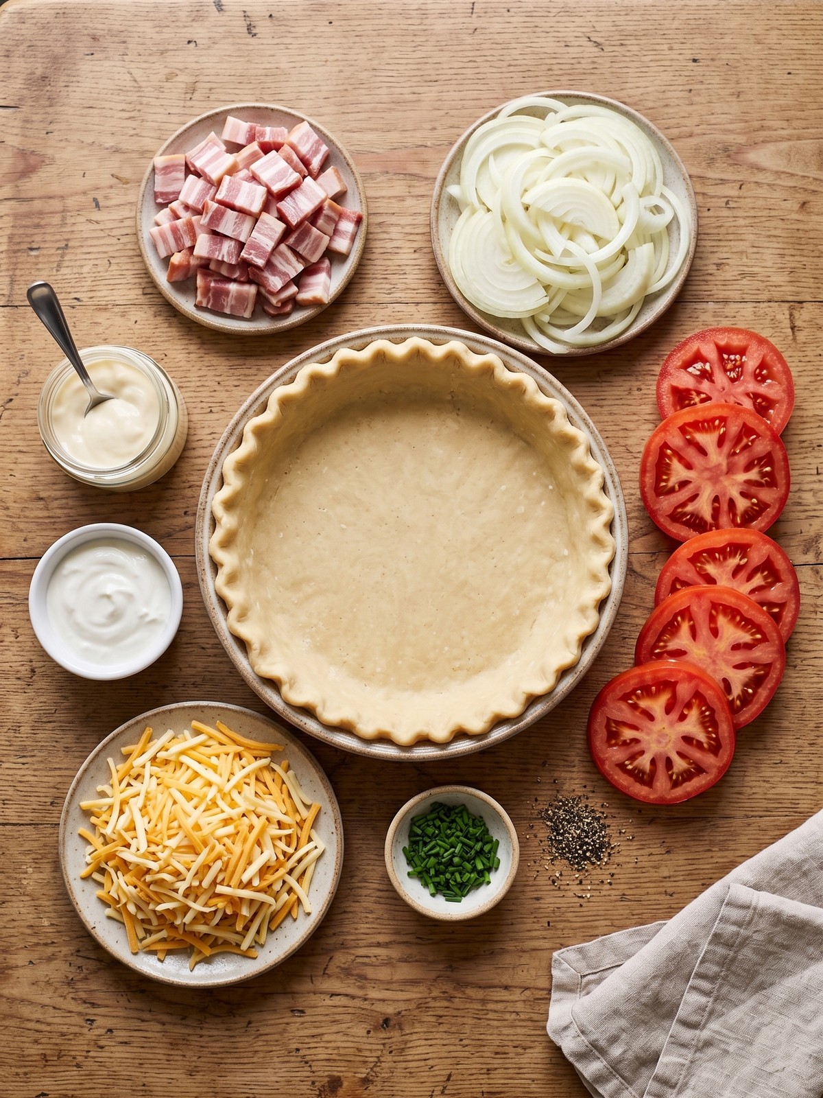 Bacon Onion Tomato Pie ingredients with sliced tomatoes, cooked bacon, onions, cheddar, and pie crust prepared for assembly