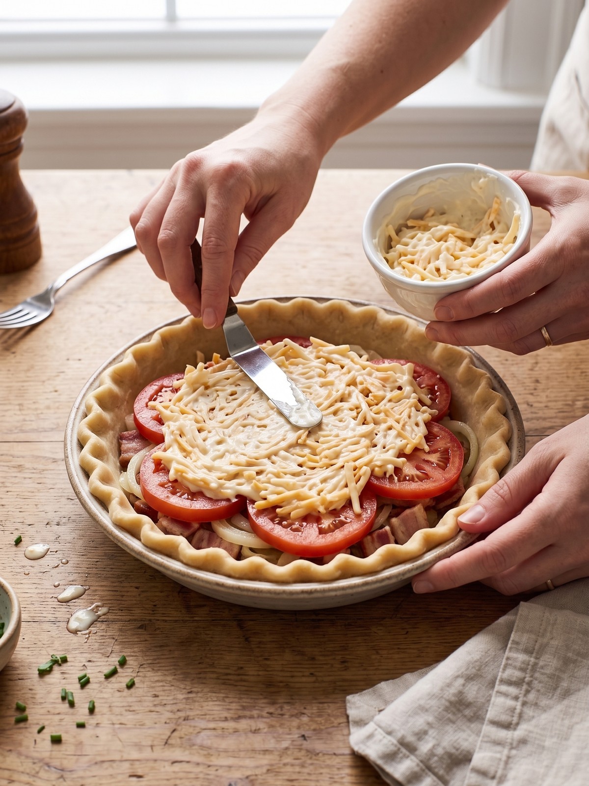 Bacon Onion Tomato Pie being layered with onions, bacon, tomato slices, and creamy cheddar topping before baking