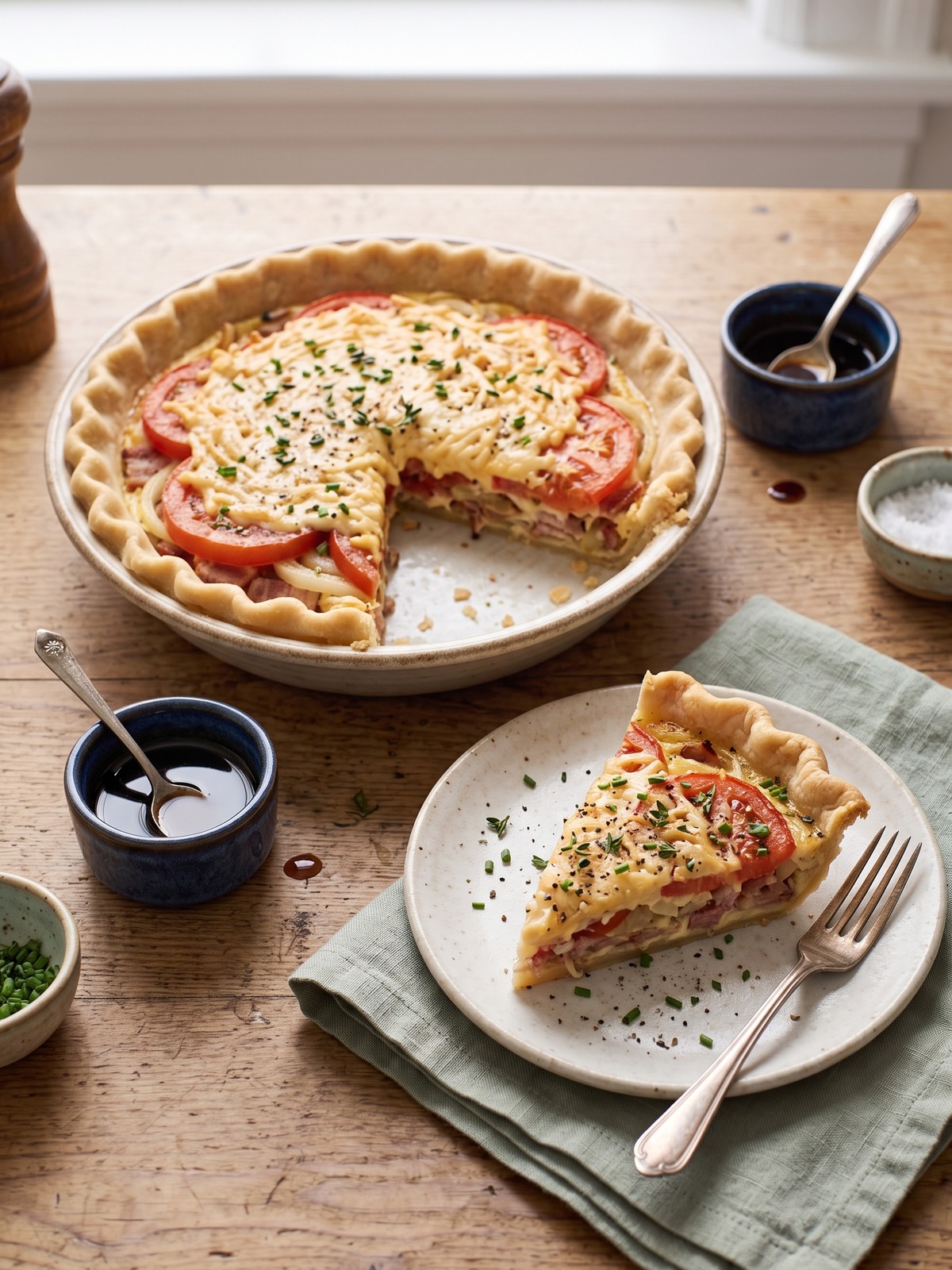 Golden Bacon Onion Tomato Pie sliced into wedges with visible tomato, bacon, onion, and cheddar layers