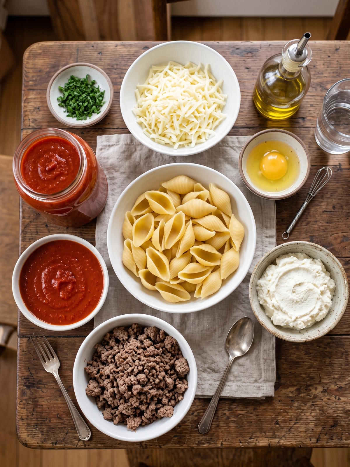 Baked Beef and Ricotta Stuffed Shells ingredients arranged beside a baking dish