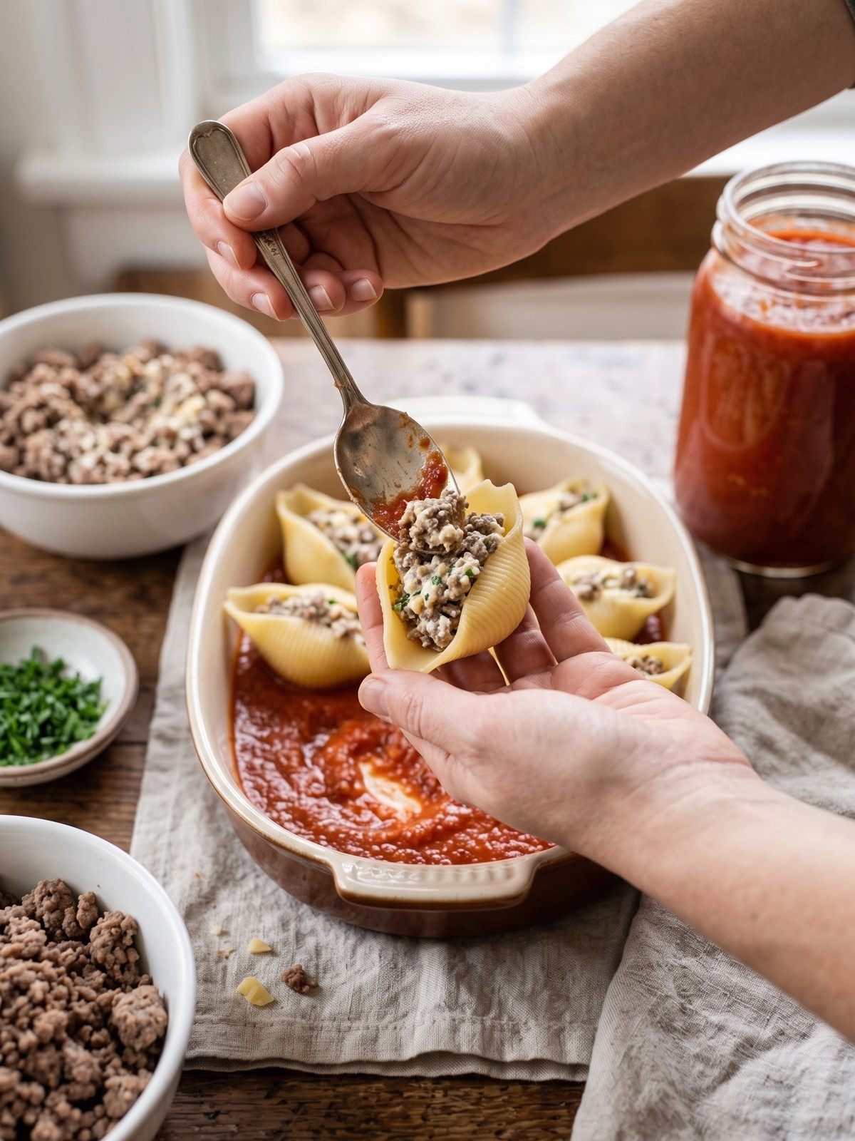 Baked Beef and Ricotta Stuffed Shells being filled, sauced, and topped with mozzarella