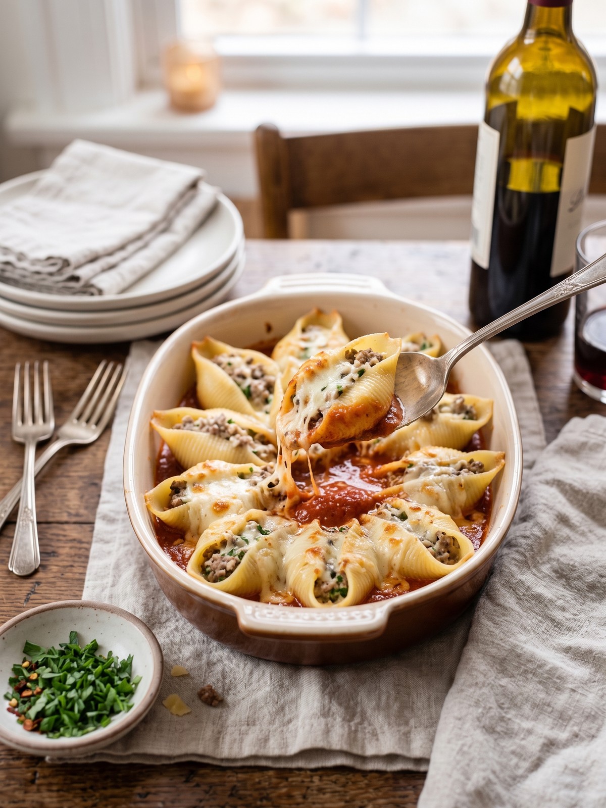 A serving of Baked Beef and Ricotta Stuffed Shells with parsley and extra marinara
