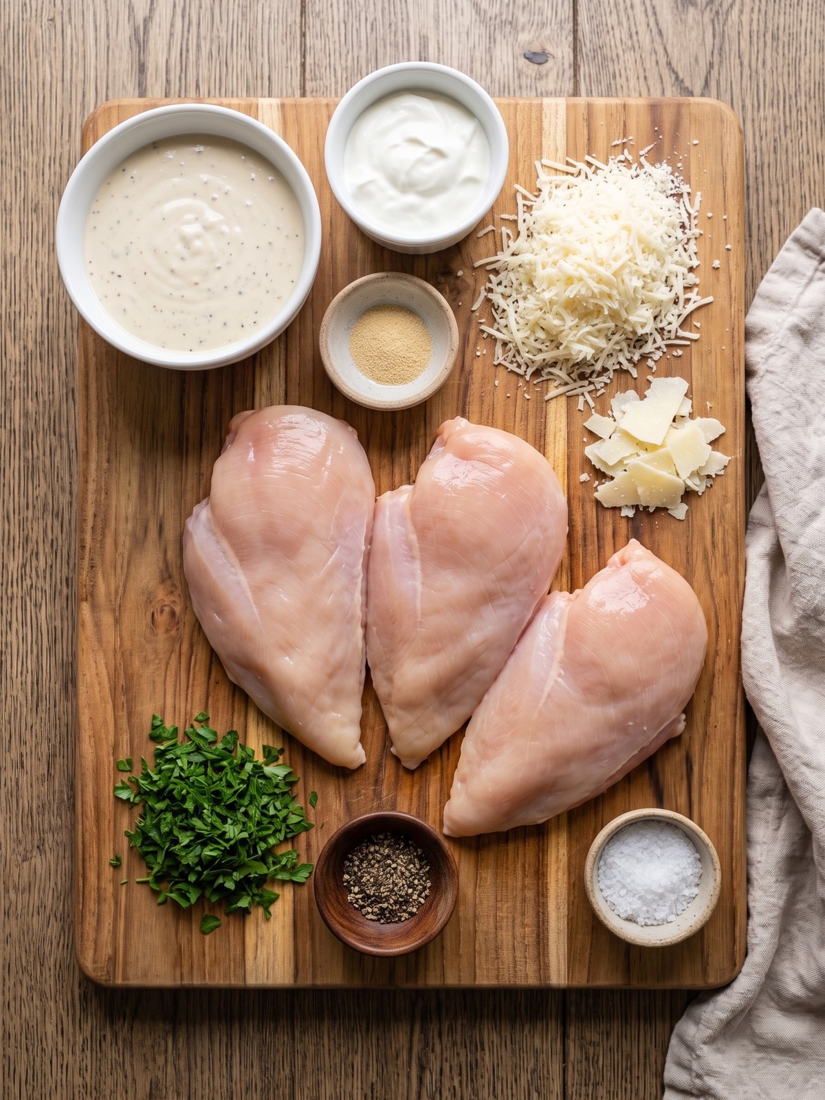 Baked Caesar Chicken ingredients arranged beside a baking dish