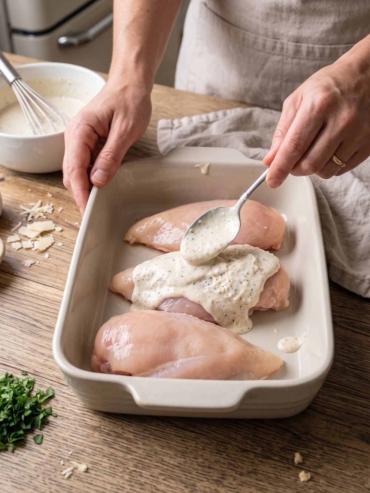 Creamy Baked Caesar Chicken topped with Parmesan during baking
