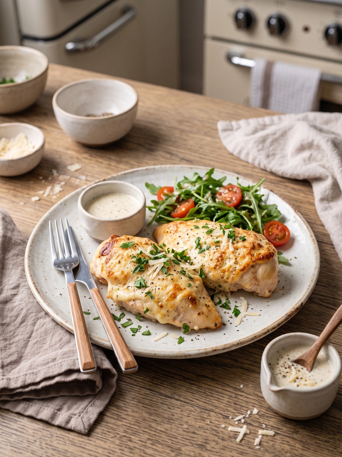 Baked Caesar Chicken served with vegetables and creamy Parmesan sauce