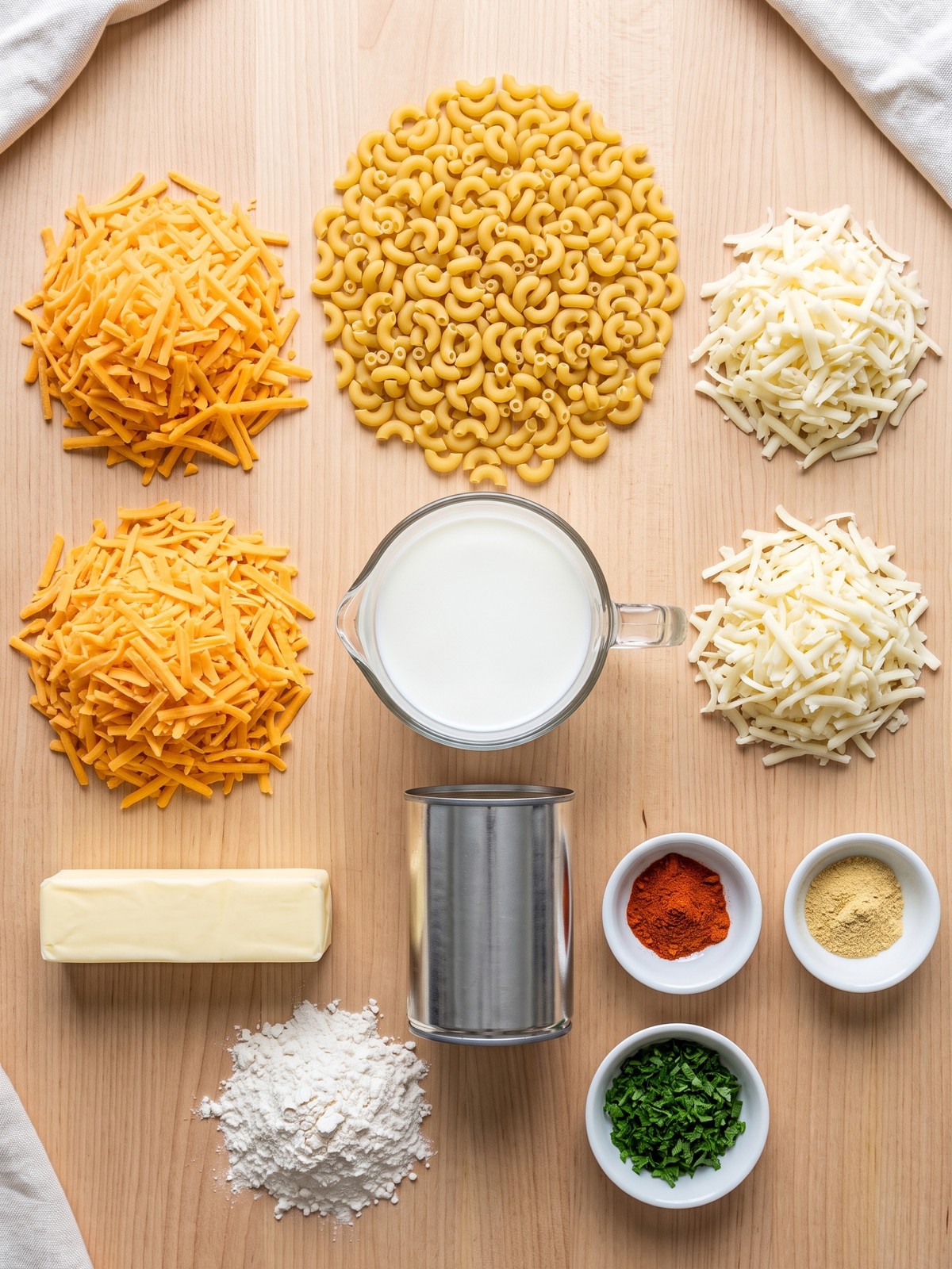 Elbow macaroni, grated cheddar, Monterey Jack, milk, butter, flour, and seasonings arranged for Baked Macaroni and Cheese