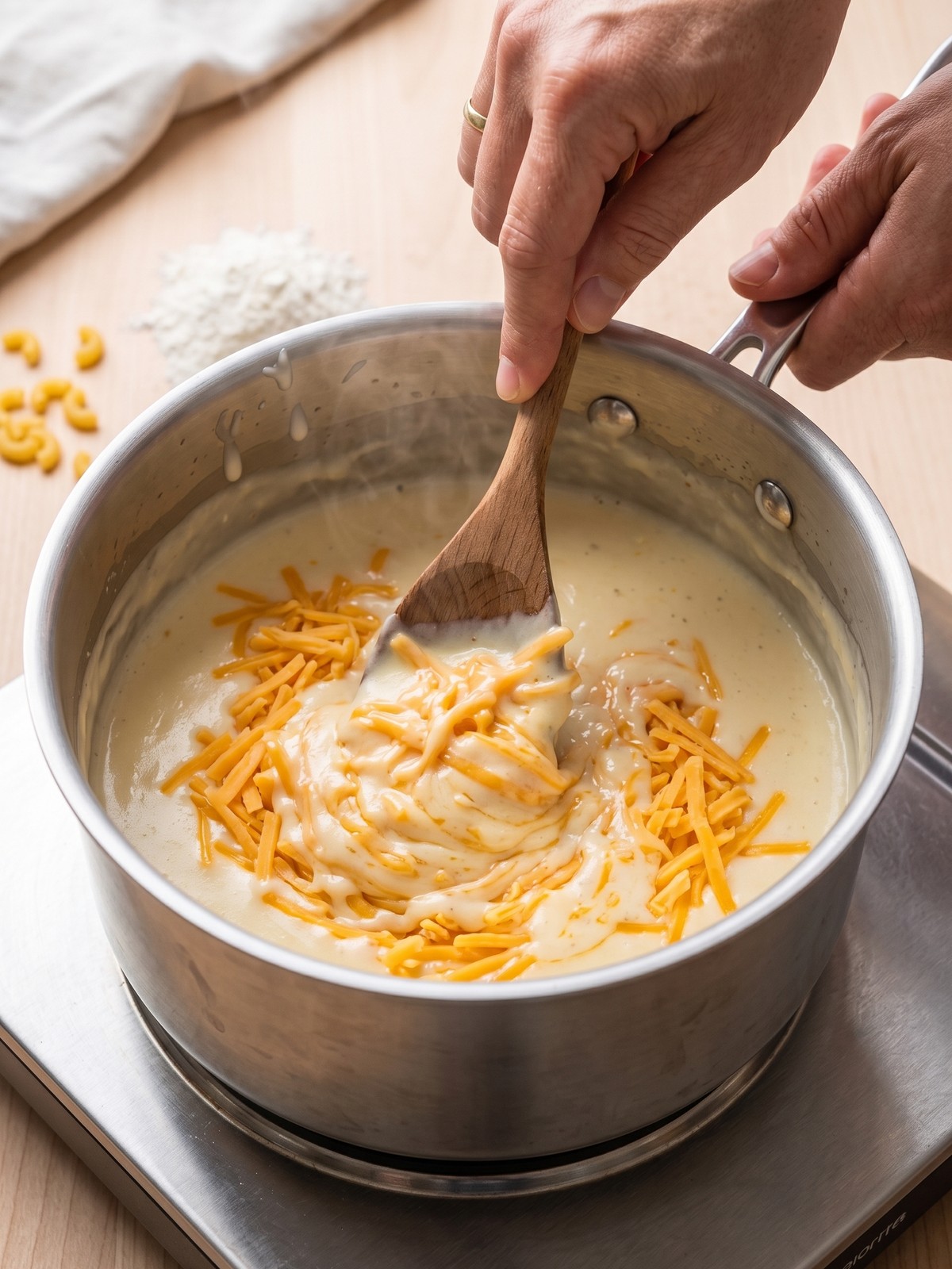 Creamy macaroni folded into cheddar sauce and layered in a baking dish before baking