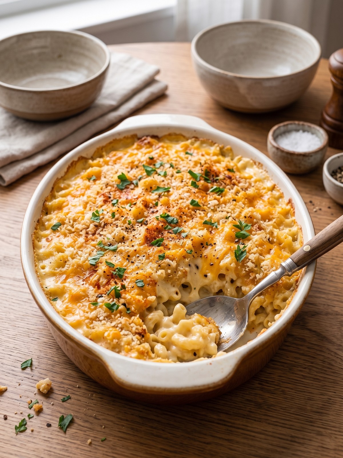 Golden Baked Macaroni and Cheese served in creamy scoops with parsley and optional crunchy topping