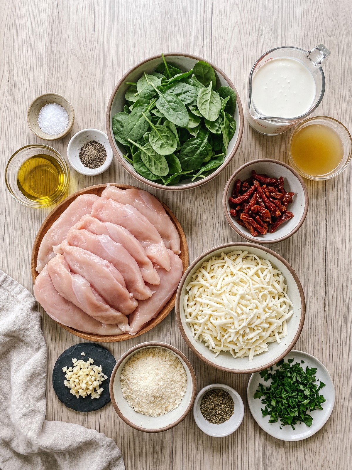 Overhead shot of a cast iron skillet with baked Tuscan chicken casserole, golden cheese bubbling on top, surrounded by fresh spinach and sun-dried tomatoes on a wooden table.