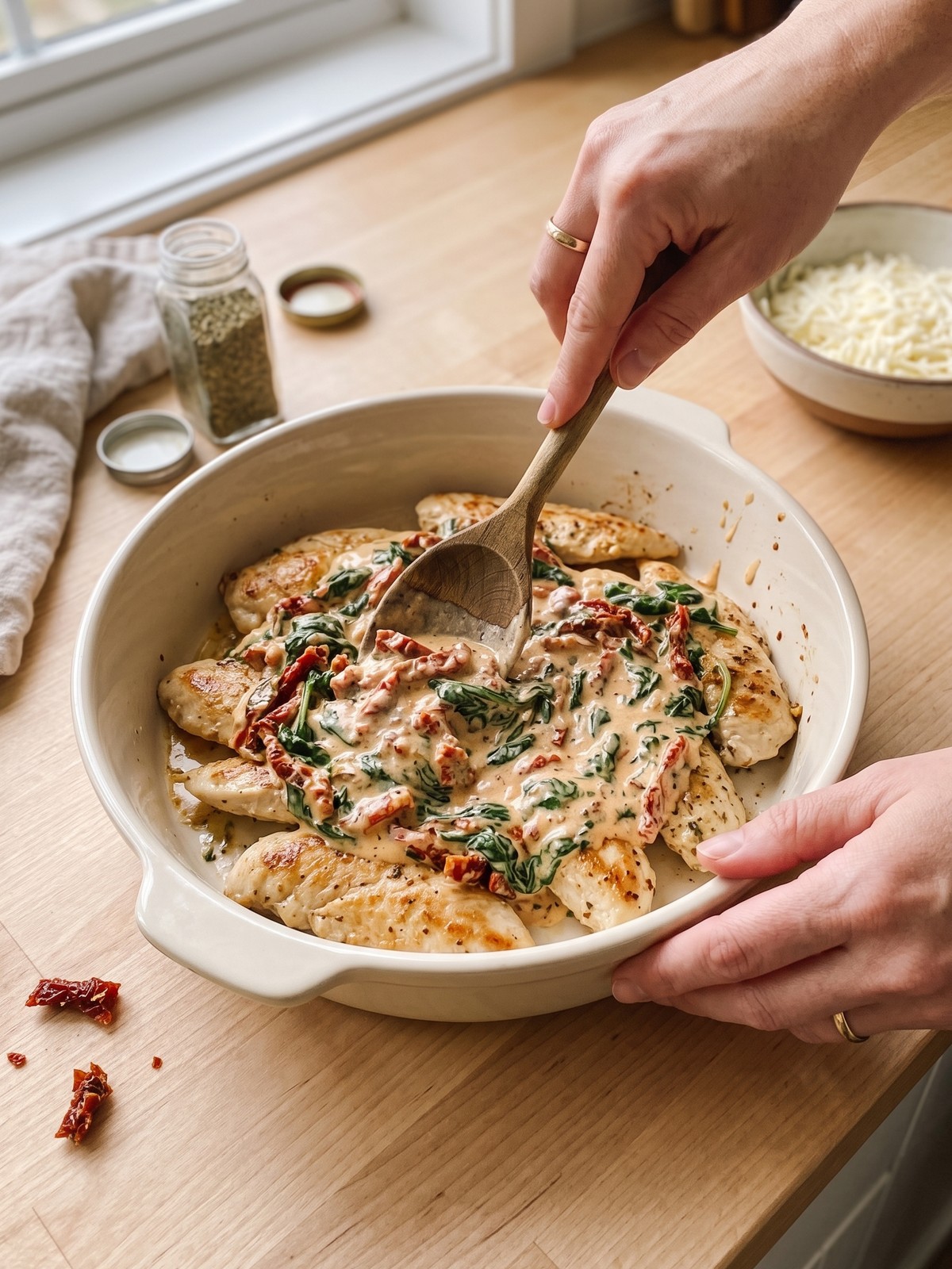 Close-up of a spoon lifting a piece of baked Tuscan chicken casserole with stretchy melted mozzarella, creamy sauce, and wilted spinach visible.
