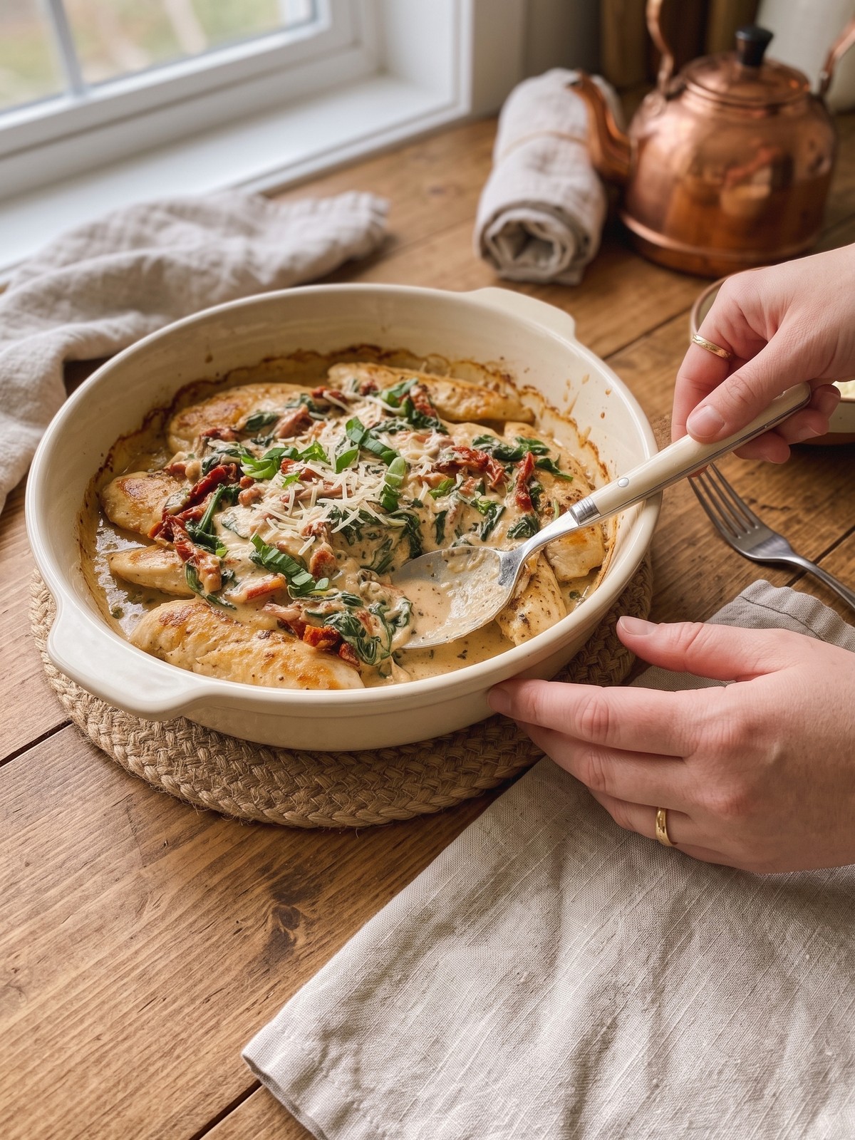 Baked Tuscan chicken casserole served in a white bowl with a side of crusty bread and a simple green salad on a light linen napkin.