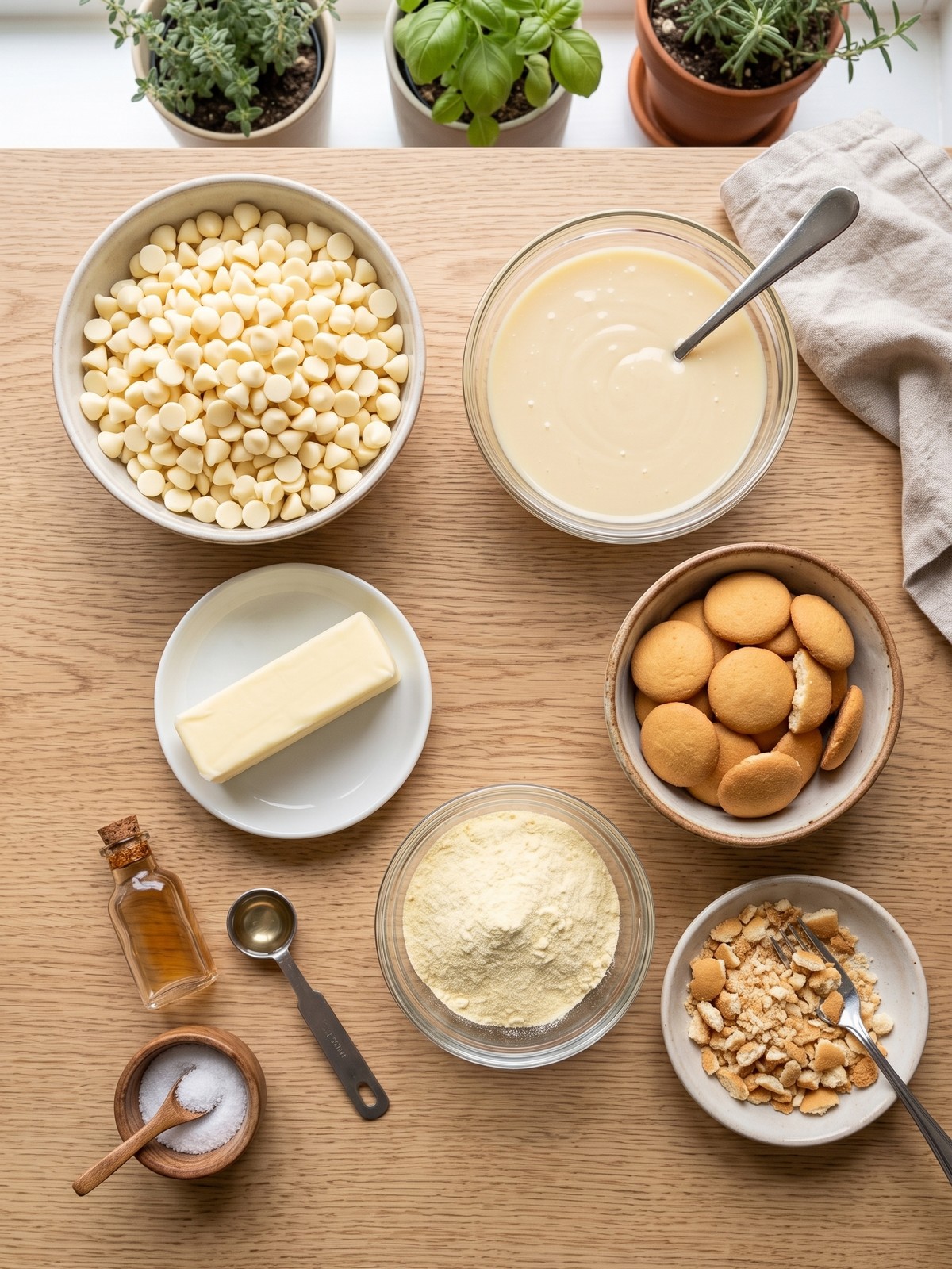 Banana Pudding Fudge ingredients with white chocolate, banana pudding mix, and vanilla wafers