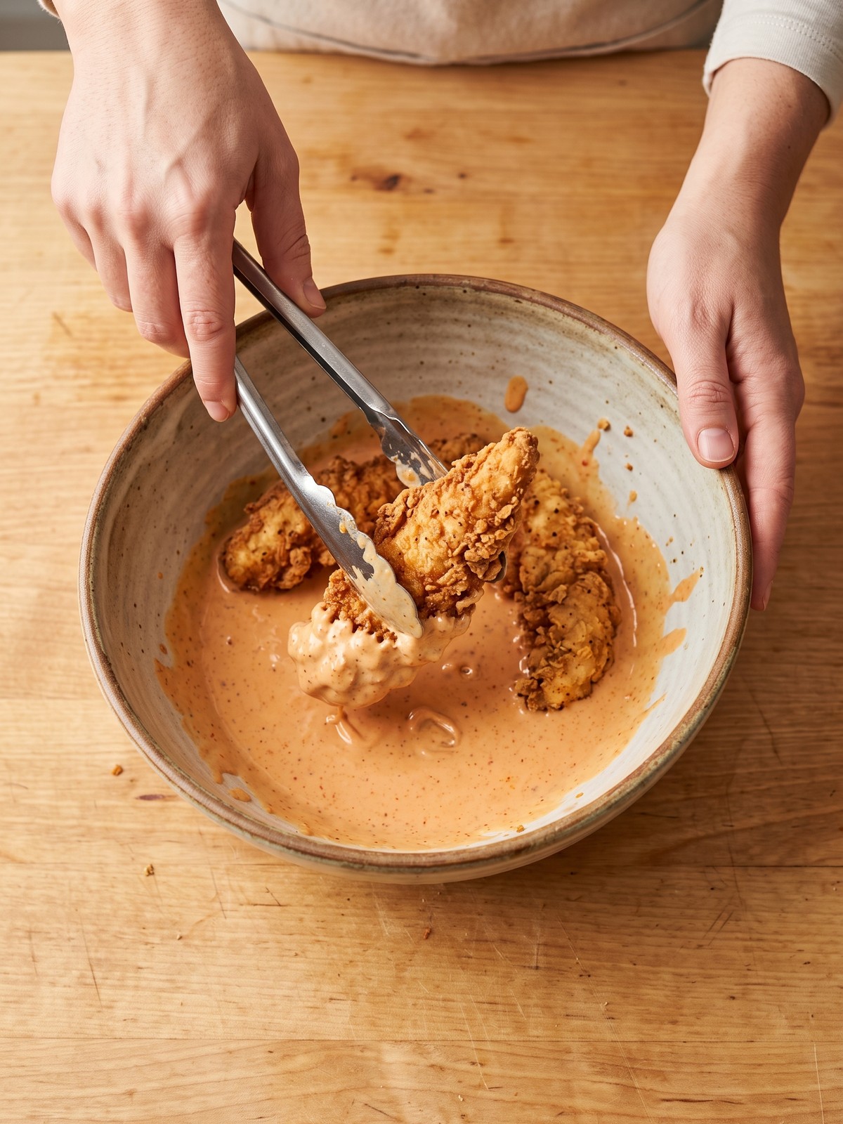 Step-by-step process of breading chicken tenders in flour, egg, and panko, then frying until golden brown.