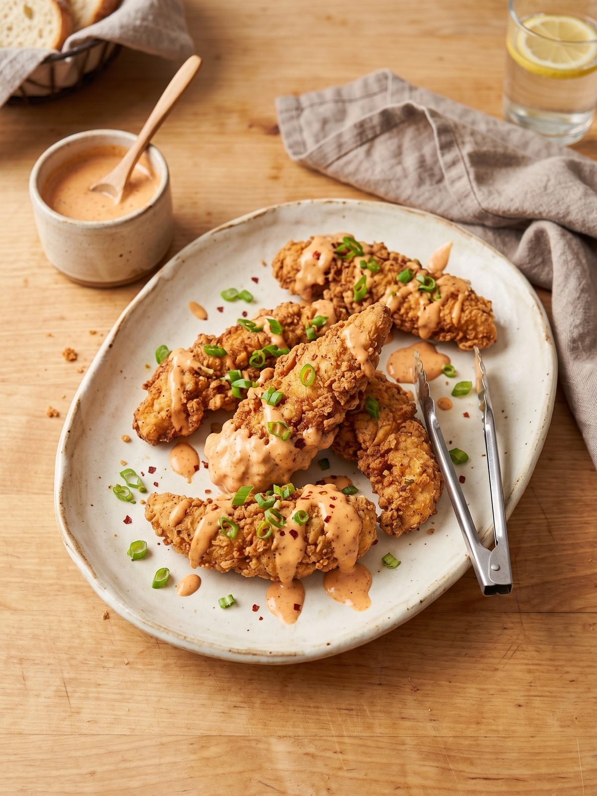 Close-up of Bang Bang Chicken Tenders with extra sauce drizzled on top, garnished with scallions and sesame seeds on a rustic wooden board.
