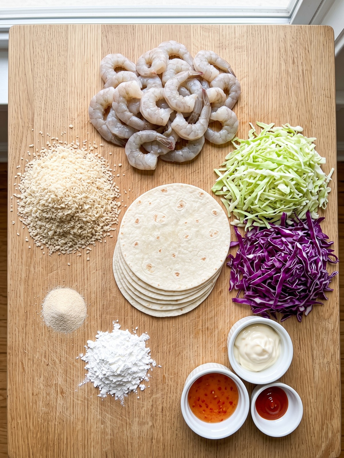Bang Bang Shrimp Tacos ingredients arranged on a counter with shrimp, panko, cabbage, and sauce ingredients.