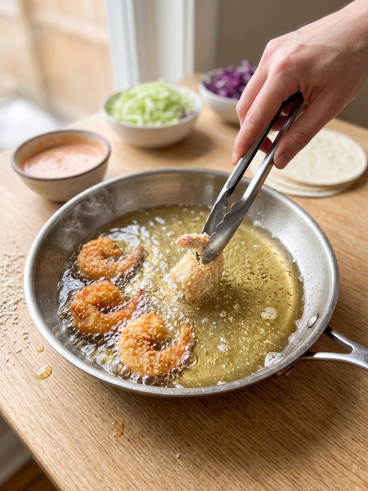 Step-by-step process of coating shrimp in panko and frying them in a skillet for Bang Bang Shrimp Tacos.