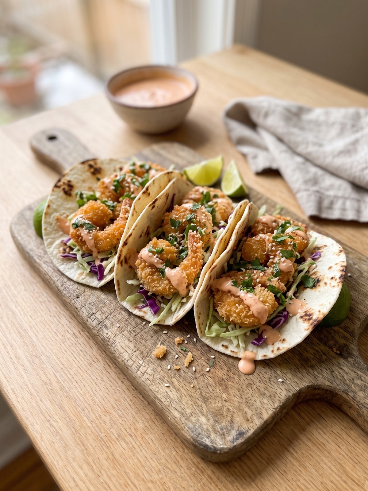 Bang Bang Shrimp Tacos served on a plate with lime wedges and extra sauce on the side.