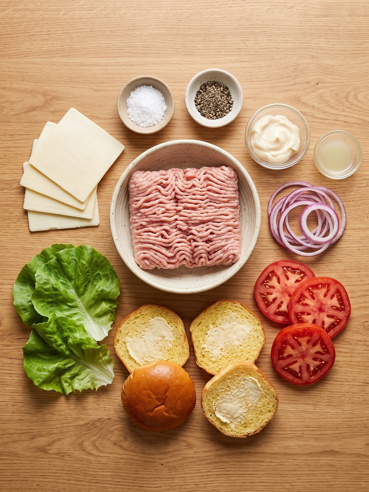Barefoot Contessa Turkey Burgers ingredients arranged on a wooden board with ground turkey, brioche buns, white cheddar, tomato, red onion, lettuce, mayo, and lemon.